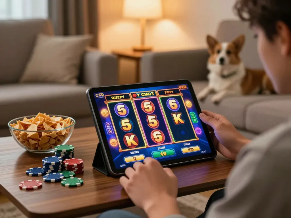 Player enjoying an online slot 5k game on a tablet, showcasing vibrant gameplay and cozy setting.
