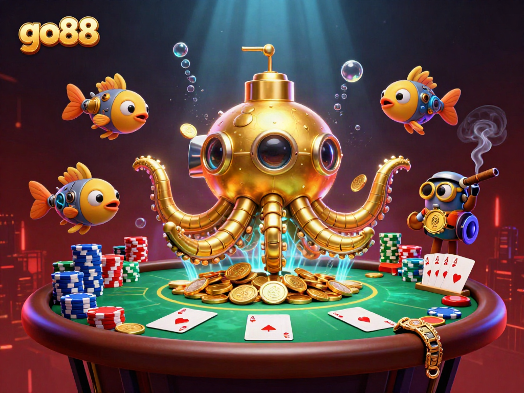 Engage with go88’s thrilling underwater casino scene featuring a golden kraken and poker elements.
