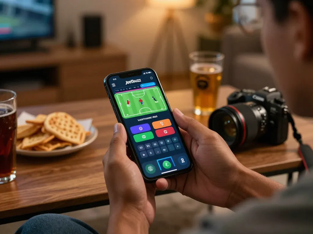 Engaging with the Jeetbuzz App for sports betting on mobile phone, showcasing vibrant interface and entertainment setting.