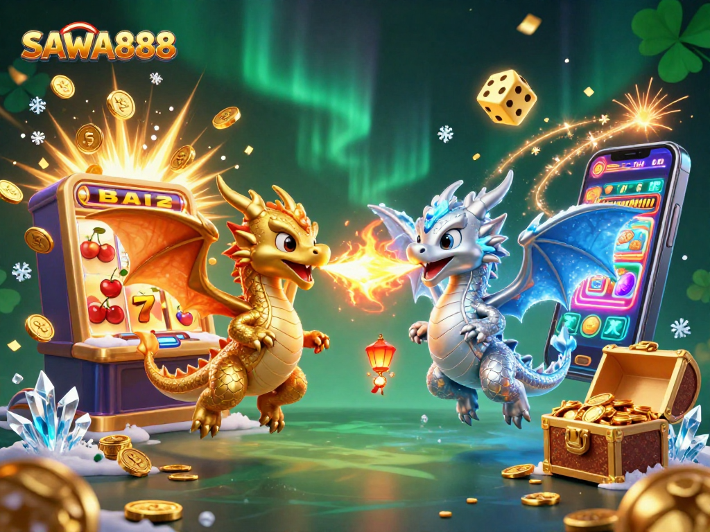 Engage with SAWA888's thrilling jackpot slots featuring dynamic 3D dragons in an exciting casino scene.