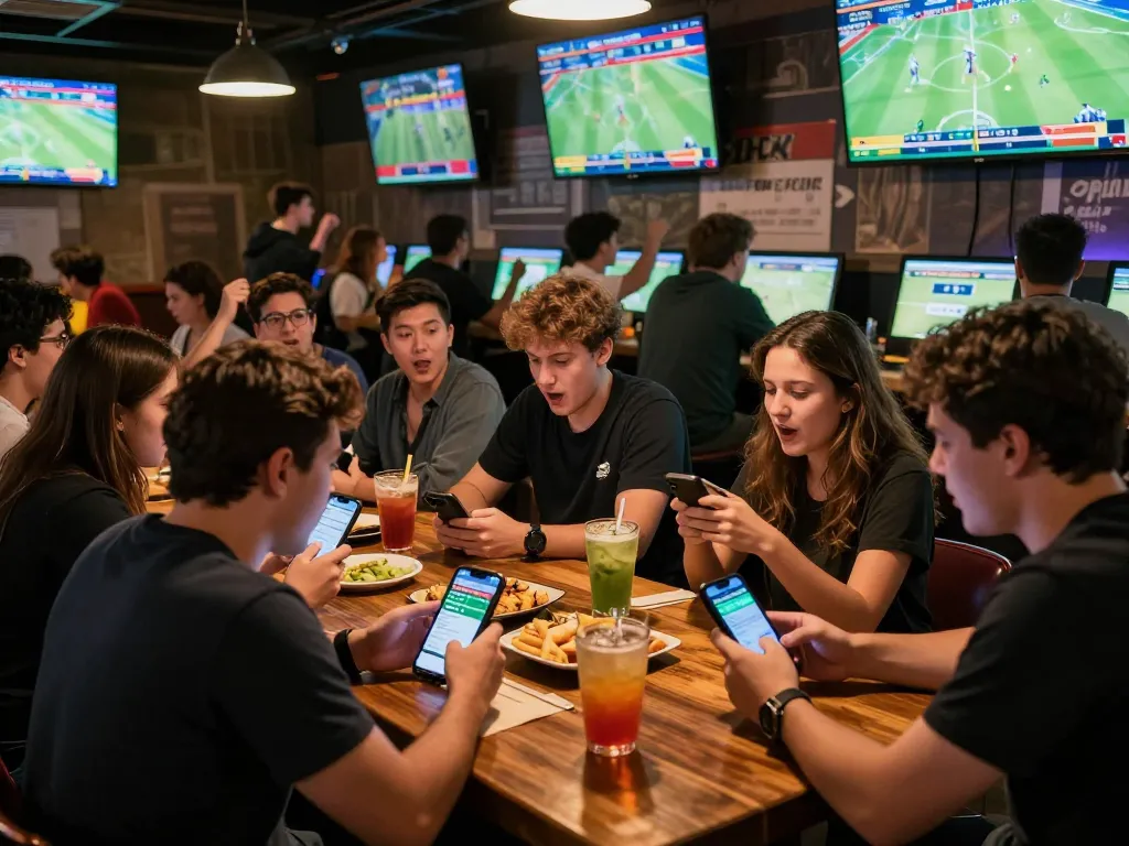 Excited bettors engaging in sports betting at the 789win club in a lively bar atmosphere