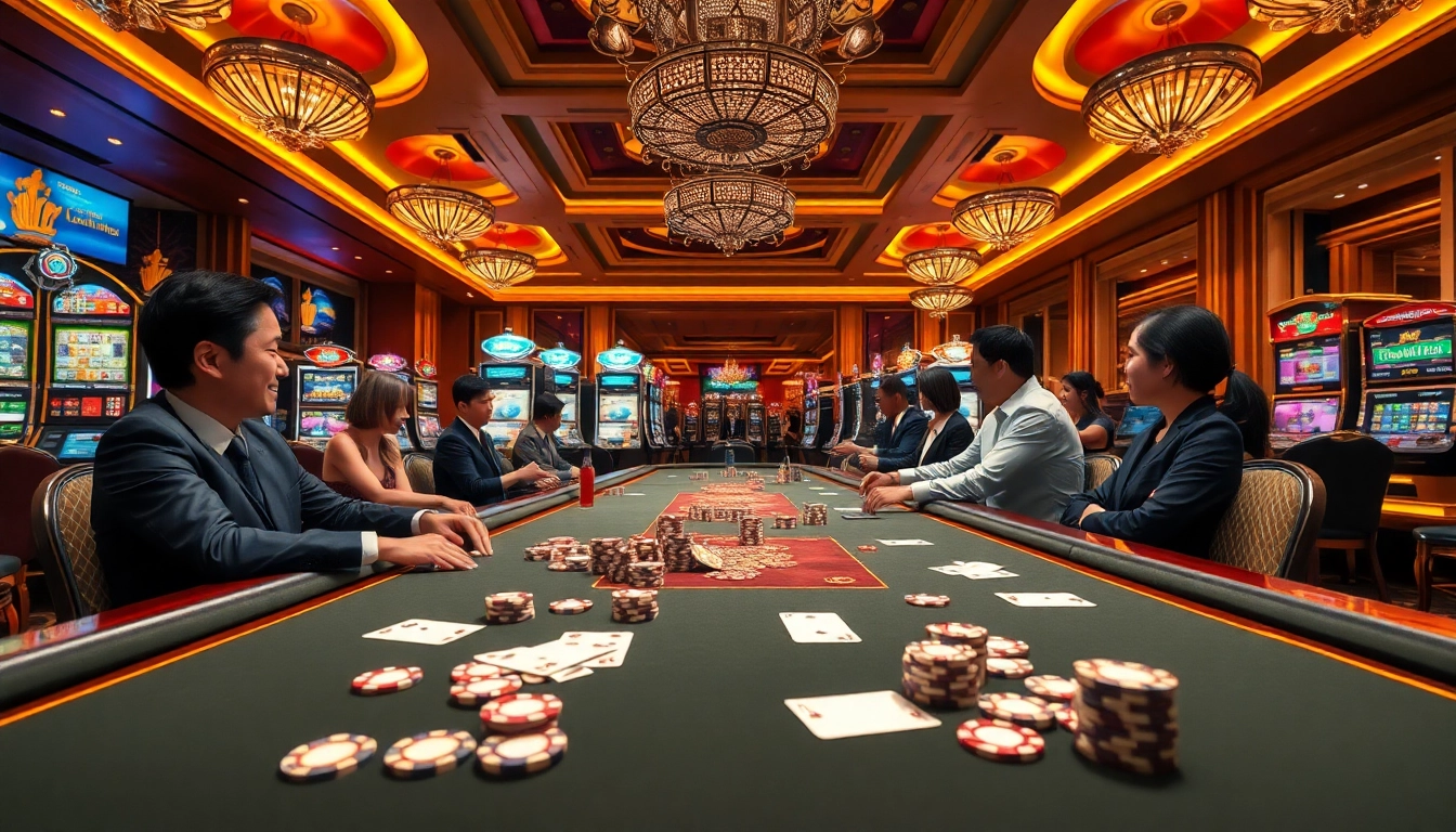 A vibrant casino scene showcasing Liên Minh KJC with enthusiastic players and elegant gaming tables.