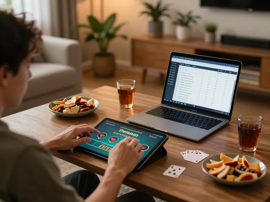 Engaged player using kk win.com app on a tablet while managing bankroll strategies at home