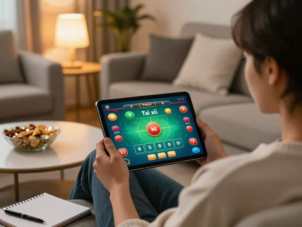 Tài xỉu online gameplay in a cozy home setting with strategic notes and a tablet display