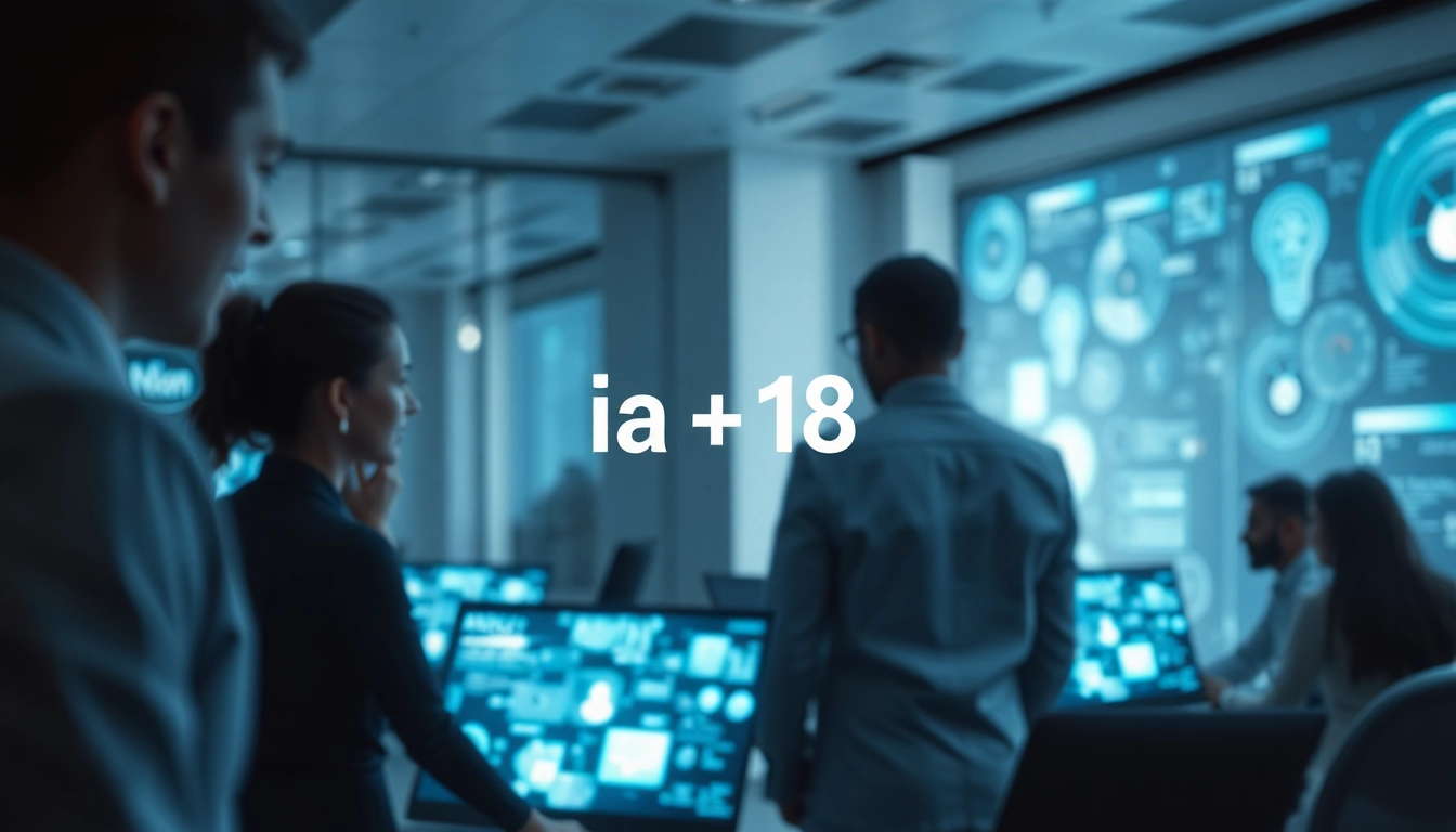 Technological workspace showcasing innovation with "ia +18" branding on digital displays.