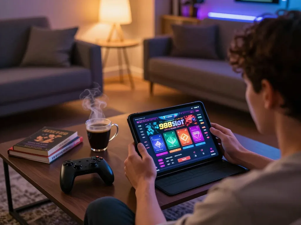Engaged player enjoying 988slot on a tablet in a cozy, stylish living room atmosphere