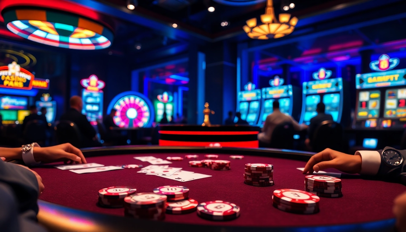 Engaging poker players at a 789P themed casino table, surrounded by vibrant gaming elements.