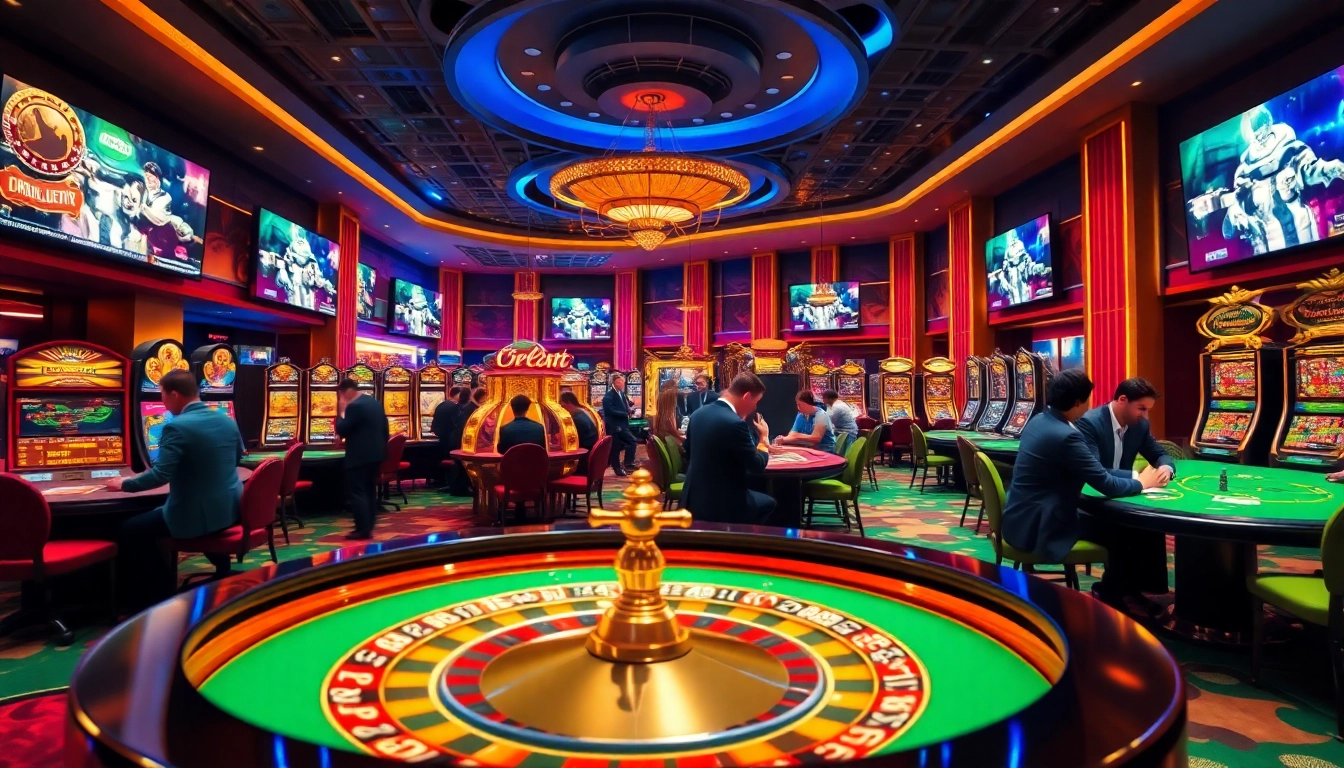 Excited players engaging at a luxurious rr88 casino with vibrant games and roulette tables.