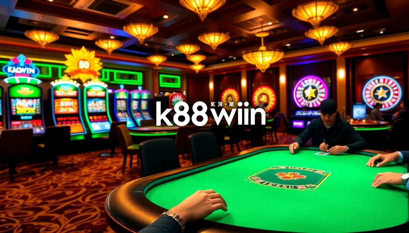 Experience k88win excitement at a luxurious poker table with slot machines in view.