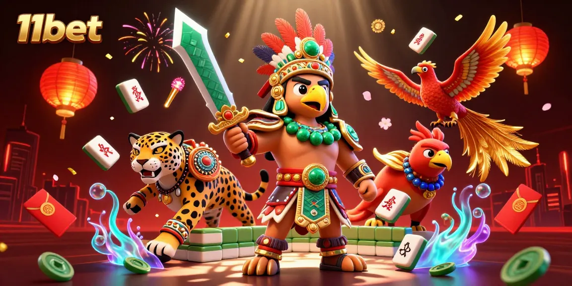 Engage in thrilling casino adventures with 11bet's vibrant Aztec-inspired 3D illustration, showcasing dynamic gaming elements.