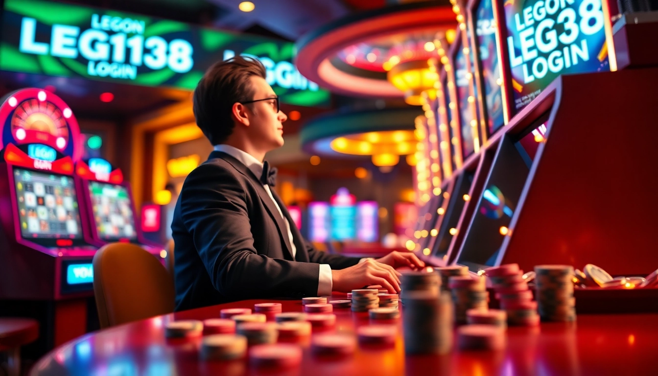 Player experiencing excitement at LEGO138 login slot machine in a vibrant casino setting.