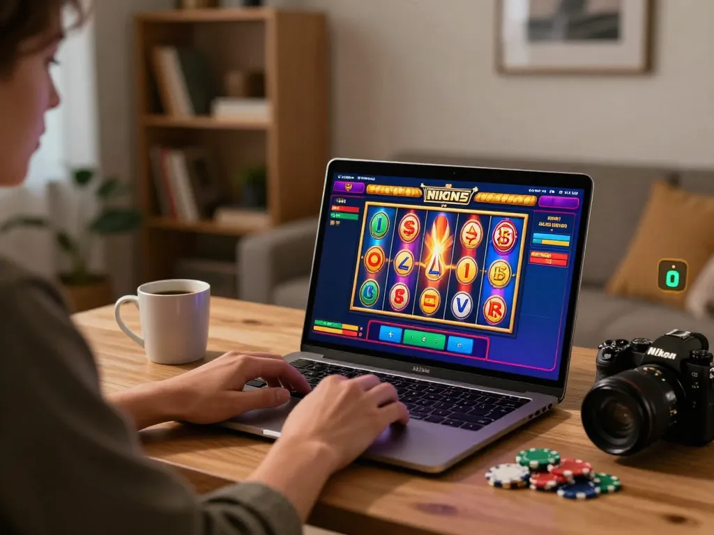Engaged user experiencing the thrill of online gaming at https://lv88cha.com/ on a laptop, showcasing colorful slot games.