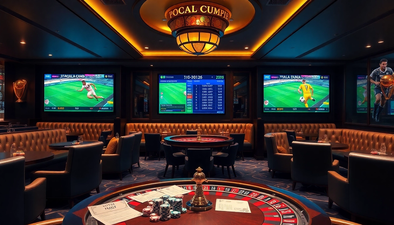 Engage in Judi Bola Piala Dunia betting with a luxurious casino lounge atmosphere filled with screens and betting paraphernalia.