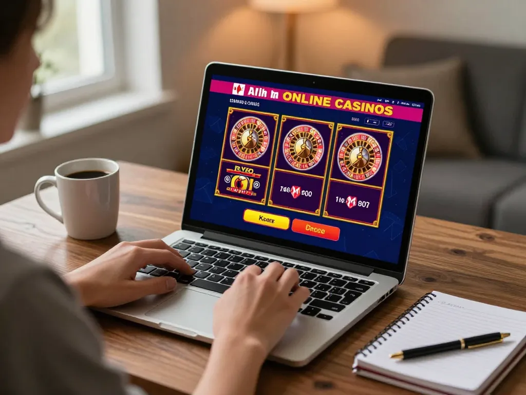 Engaging scene of a player exploring Canada online casinos on a laptop, immersed in the gaming experience