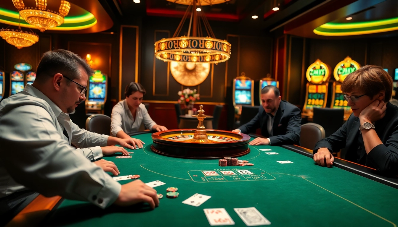 Players enjoying a thrilling poker game at 8DAY casino with vibrant casino elements.