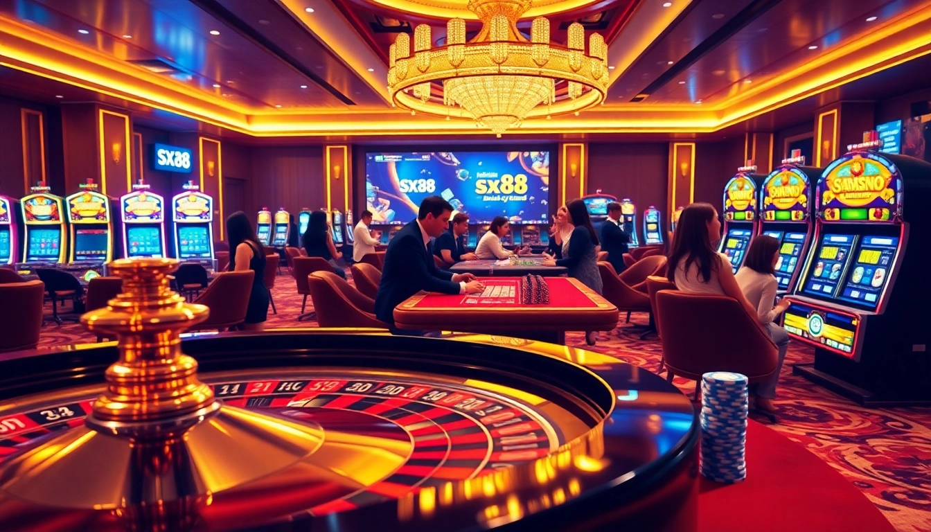 Engaging players enjoying at nhà cái sx88 casino tables, showcasing luxury and excitement.