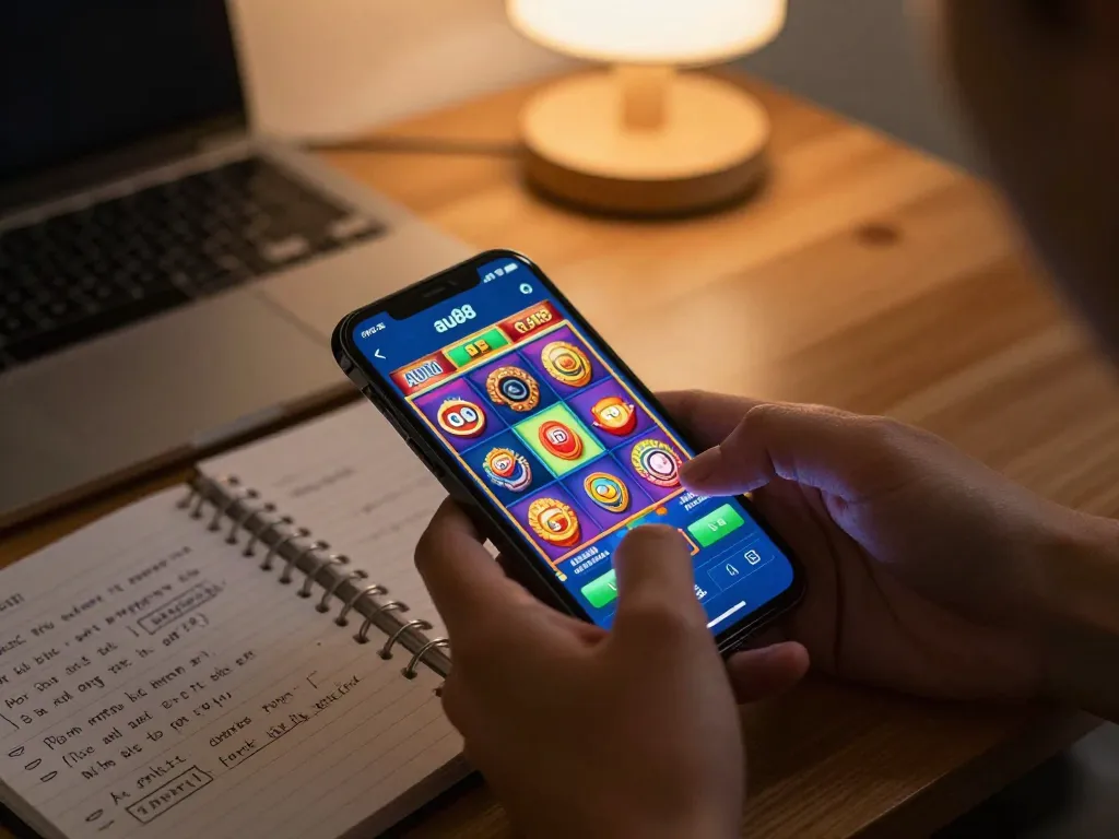 Engaging mobile gameplay experience with au88 app showcasing vibrant slot graphics in a cozy home setting