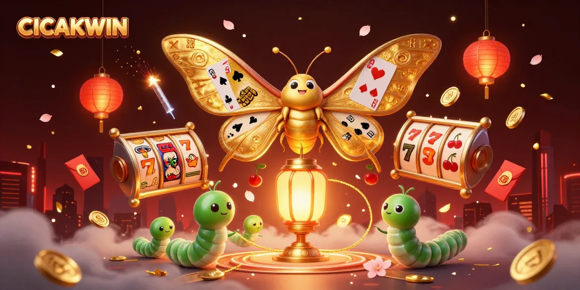CICAKWIN showcases a vibrant 3D casino world with a golden atlas moth and slot reels, perfect for gamers.