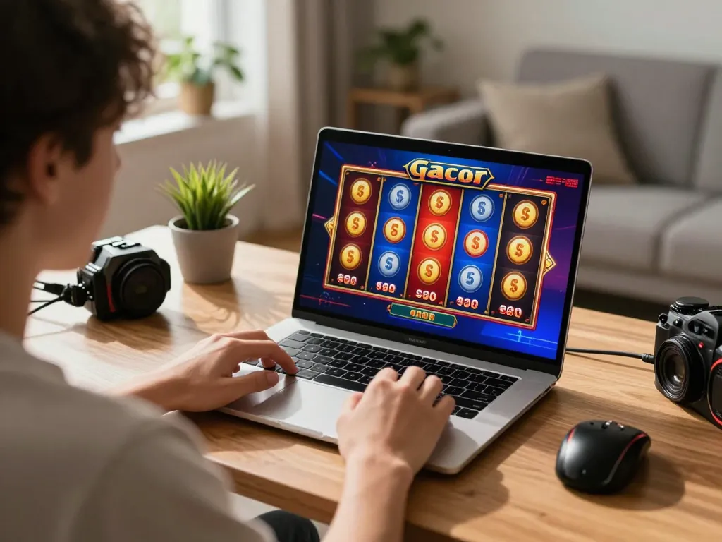 Player enjoying engaging slot gacor online gameplay with vibrant visuals on their laptop.