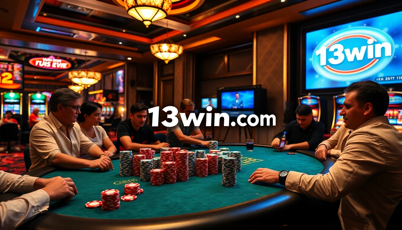 Players engaging in high-stakes poker at 13win .com, highlighting excitement and luxury.