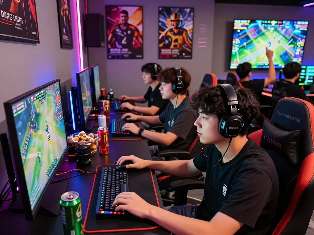 Exciting gaming lounge scene with enthusiastic esports bettors and vibrant atmosphere from https://gglbetsg.org/gglbet-sg/singapore-esports-betting-guide/ showcasing modern gaming elements and social