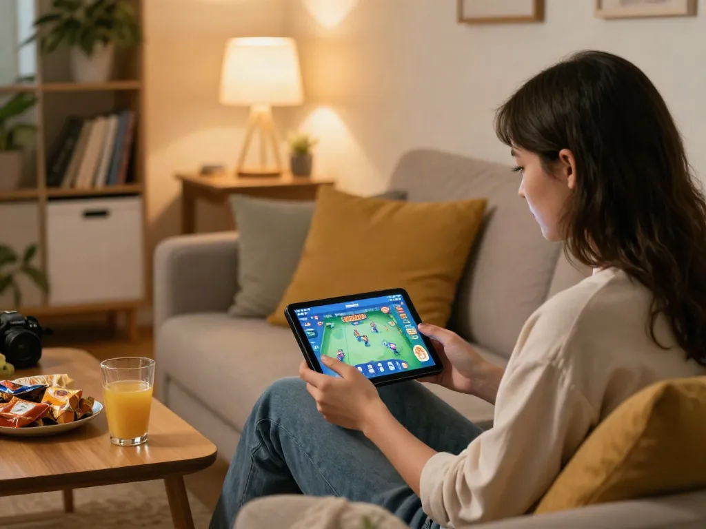 Immersive scene of a player enjoying the Rumble Rummy app on a cozy couch, showcasing a vibrant mobile gaming atmosphere.