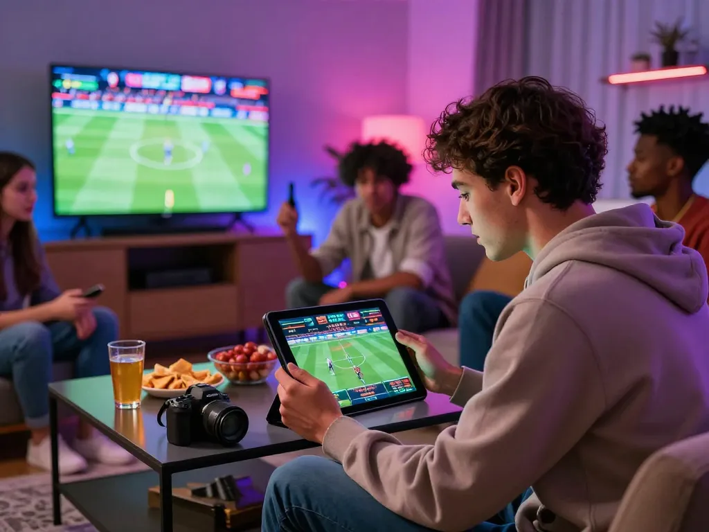 Group of friends betting on sports at home using https://sc88e.com/ on a sleek tablet in a vibrant living room setting.