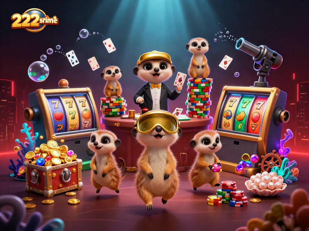 Gali keseruan permainan di 222slotprime dengan gambar koloni meerkat yang mengelola kasino dengan imajinatif.