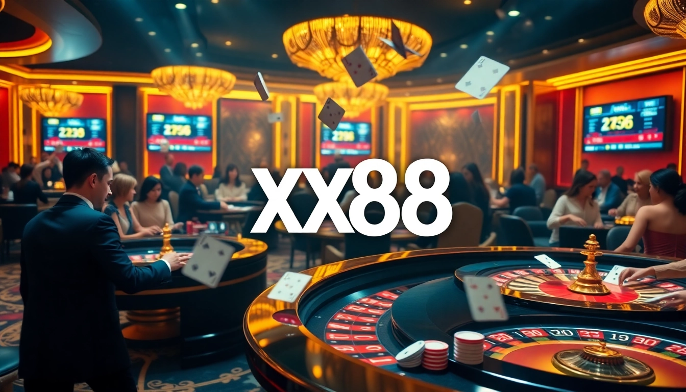 Experience thrilling gameplay with the XX88 video logo prominently displayed in a luxurious casino setting.