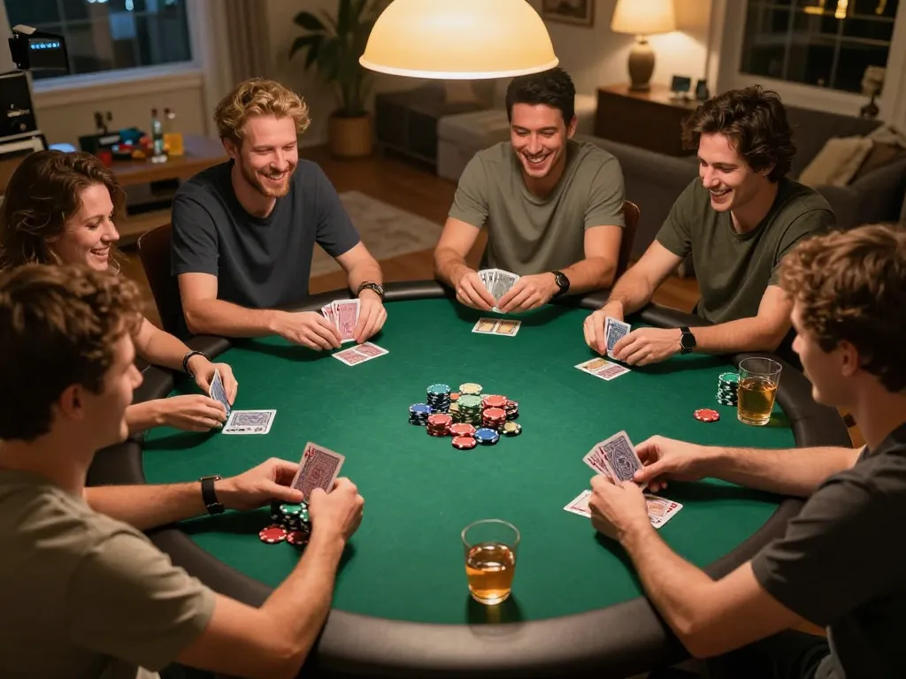 Players enjoying an engaging MEGA888 poker game night at home, showcasing strategic play and camaraderie.