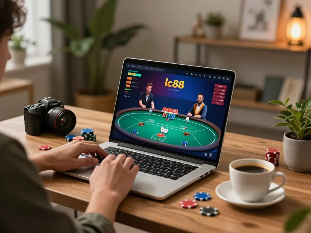 Player enjoying an engaging online poker game on lc88 platform at home, showcasing strategy and excitement.