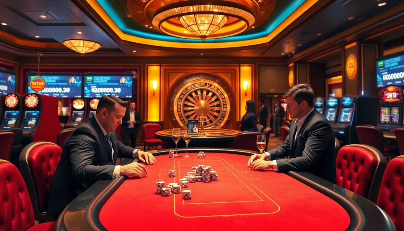 Experience an exciting poker game at https://bem88.com with players placing colorful bets and a spinning roulette wheel.