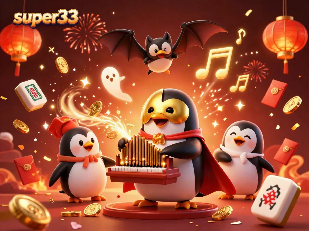 Experience super33 excitement as the phantom penguin and bat acrobat create a festive casino atmosphere.