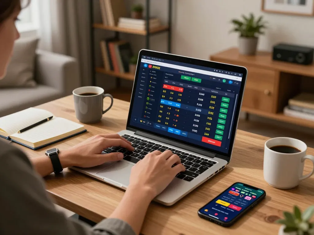 Person strategically using nhà cái 8xbet on a laptop for sports betting in a cozy home setting.