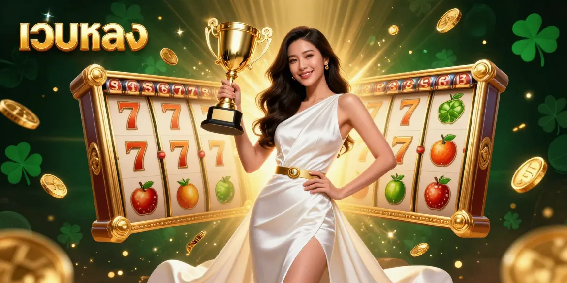 Winning on เว็บตรง with jackpot slot games featuring a victorious trophy and dynamic casino elements.
