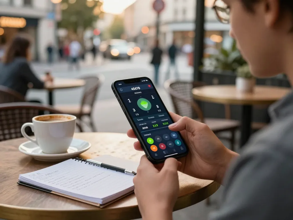 The 45678 app enables thrilling mobile betting while enjoying coffee in an urban café atmosphere.