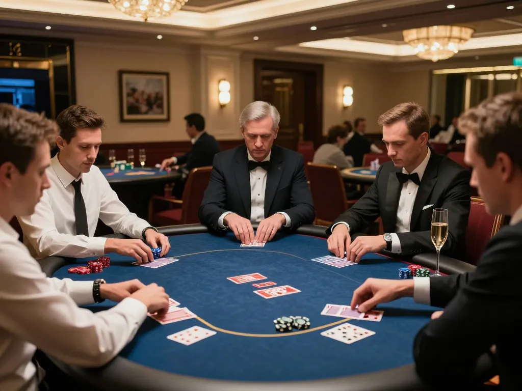 JUARA88 LOGIN players engaging in exclusive poker game inside a high-roller room with elegant decor.