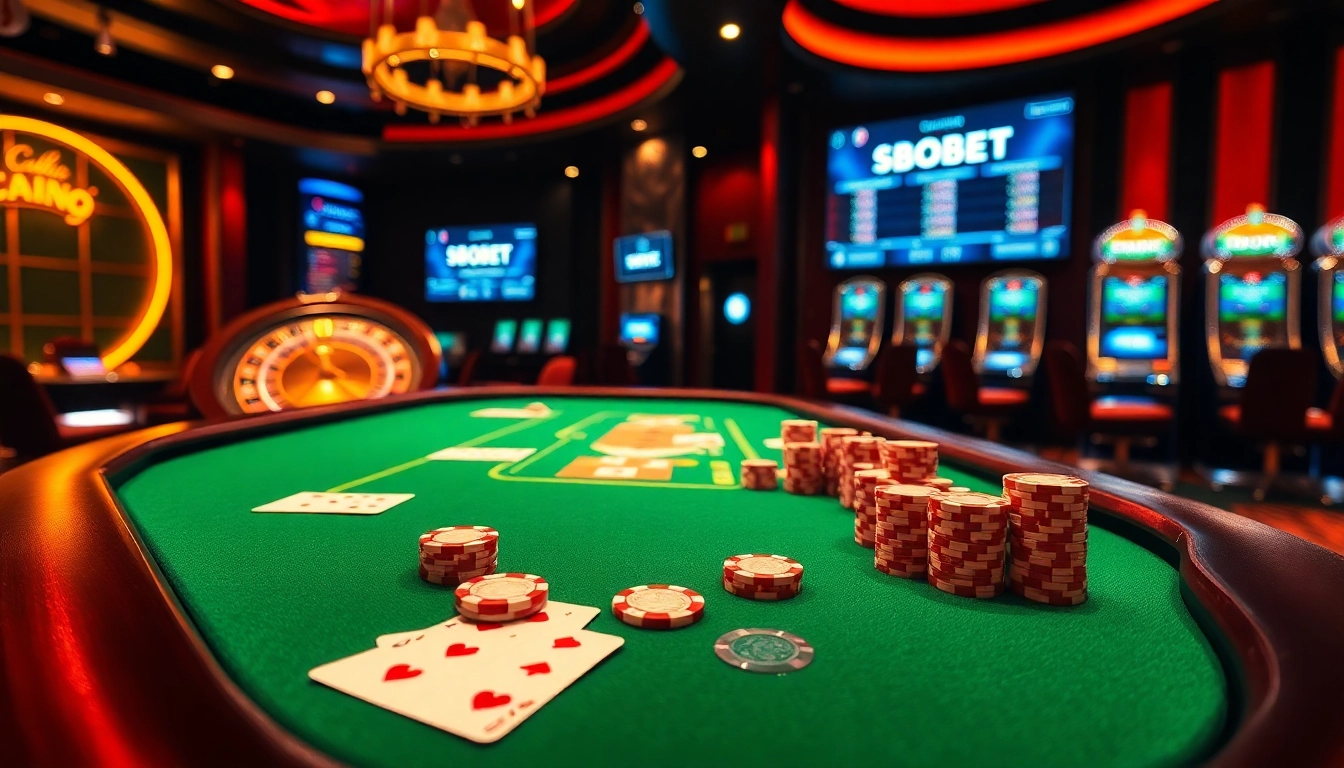 SBOBET poker table setup featuring vibrant chips and cards in a luxury casino atmosphere