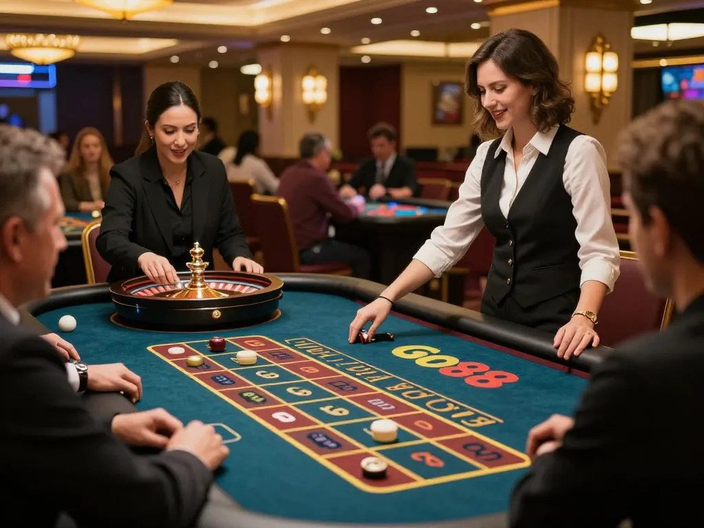 Engaging gameplay at Go88 live, players betting on a colorful roulette table with a charming dealer