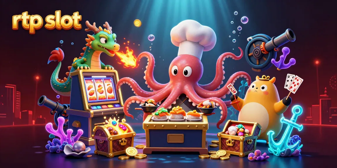 Engage in exciting rtp slot action with a lively sushi chef octopus, dragon, and tanuki amidst vibrant casino elements.