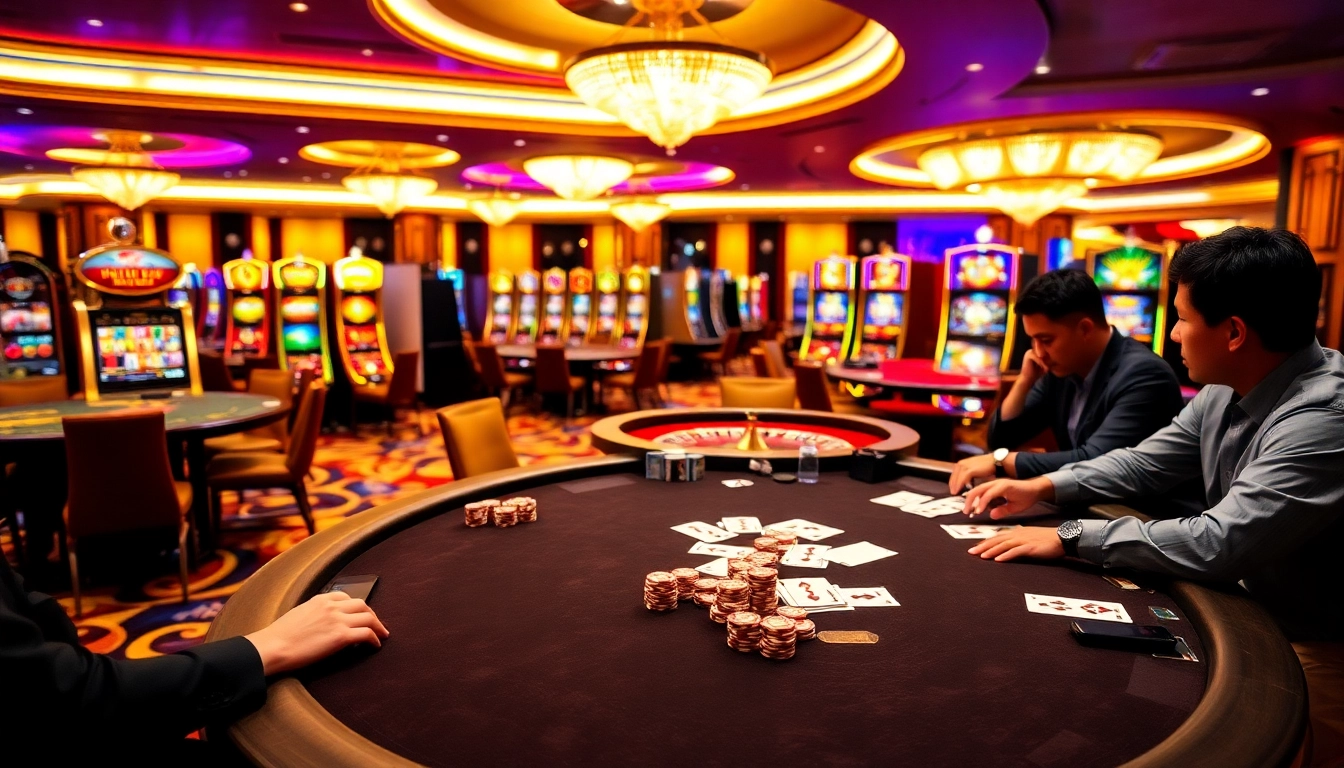 Players enjoying a lively poker game at xx 88 casino with vibrant slot machines in the background.