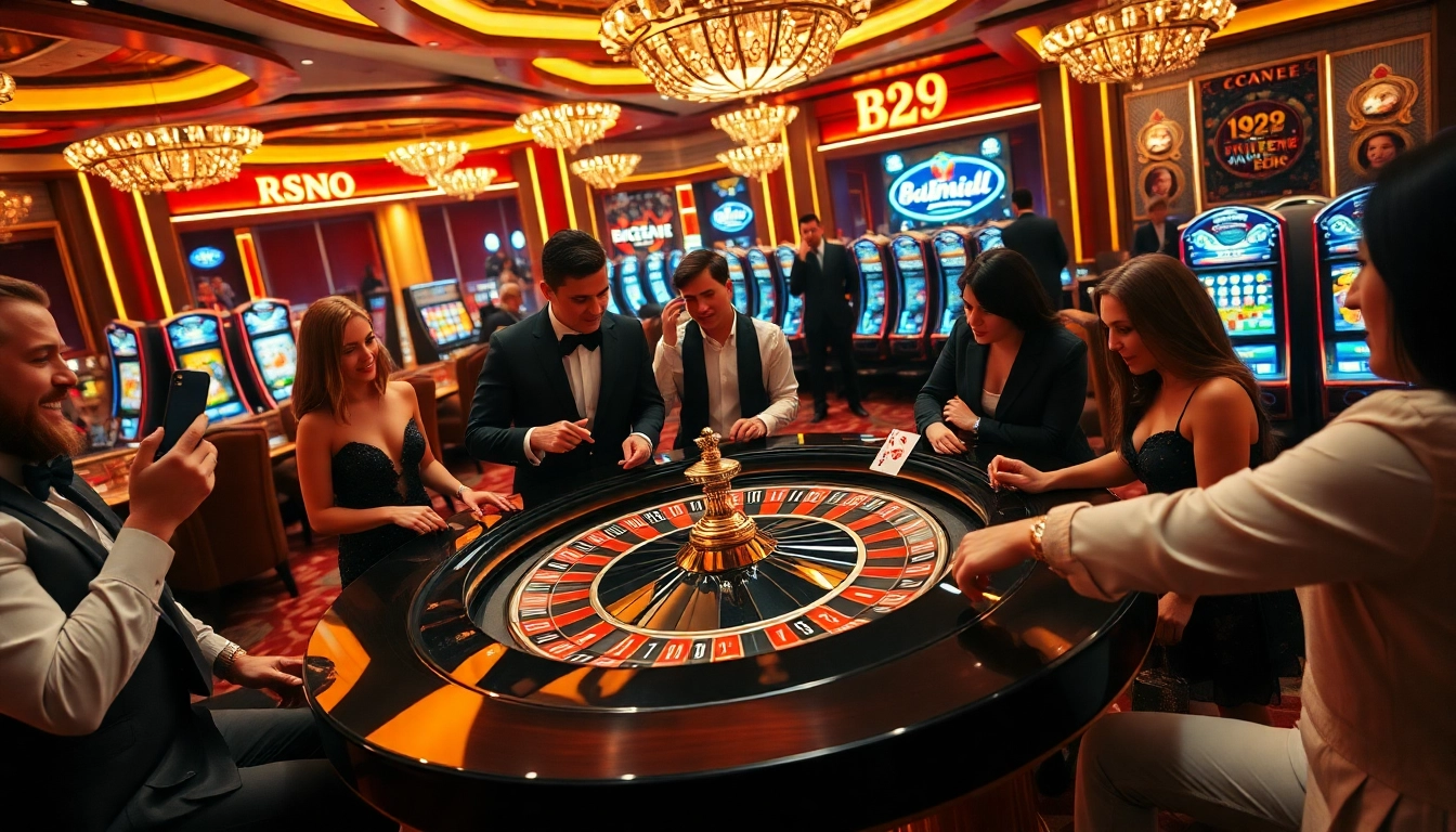 Excited players at a B29 casino roulette table enjoying high-stakes gaming.