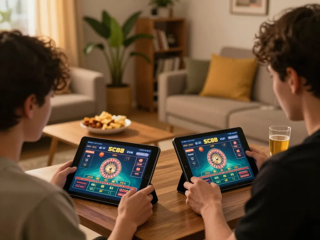 Players engaging with SC88 online casino app during a thrilling live dealer game at home.