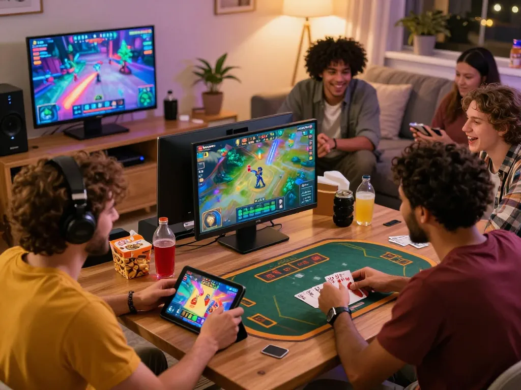 Engaging online gaming community on https://kuwincom.net/ with friends enjoying card games and strategies in a cozy atmosphere