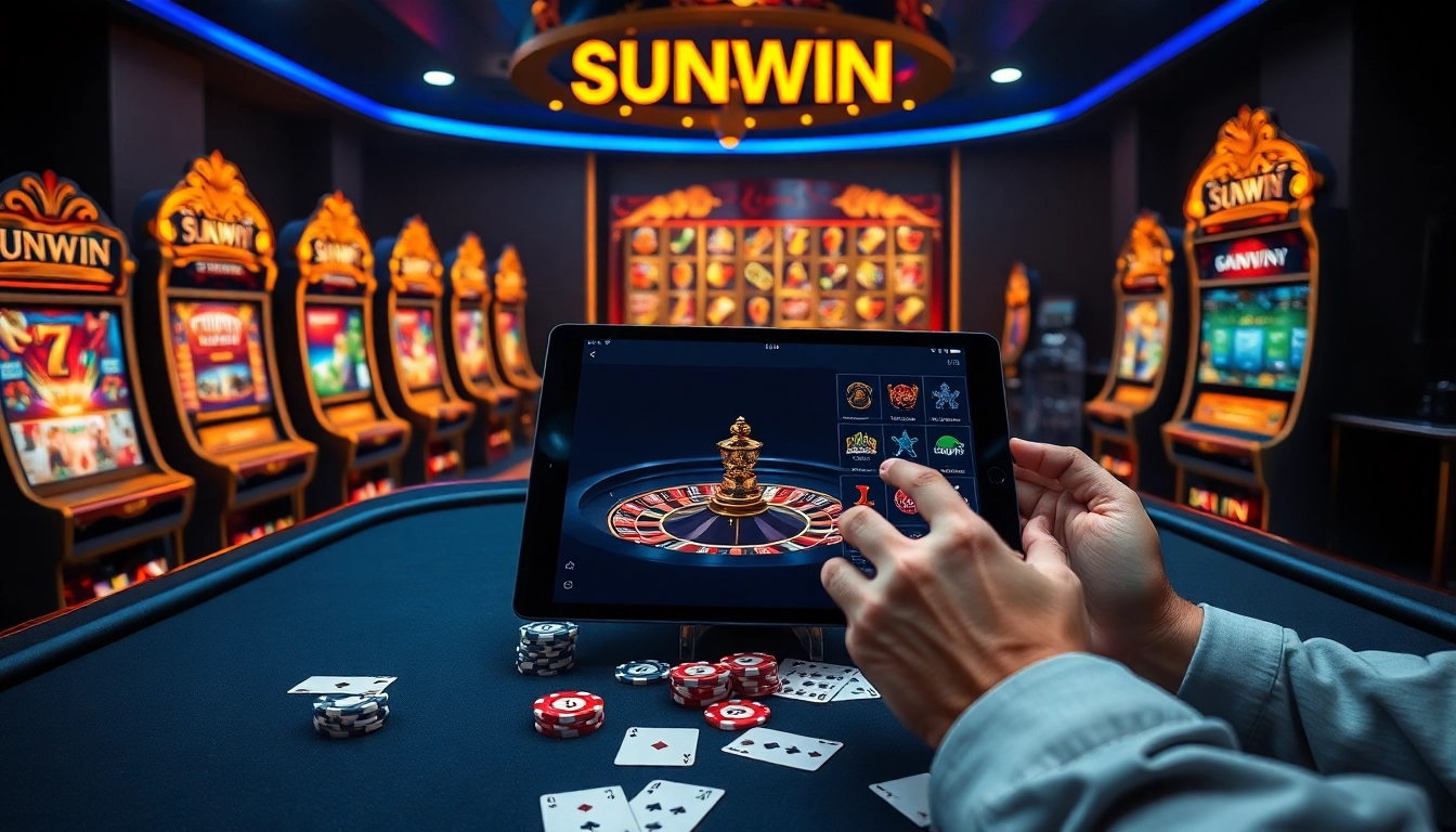 TẢI SUNWIN to enjoy the thrill of online gambling; vibrant tables with slot machines and roulette wheel.