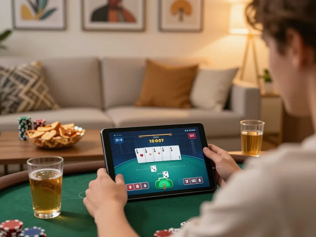 Player enjoying a poker game on fabet app while relaxing at home, showcasing strategic gaming atmosphere.