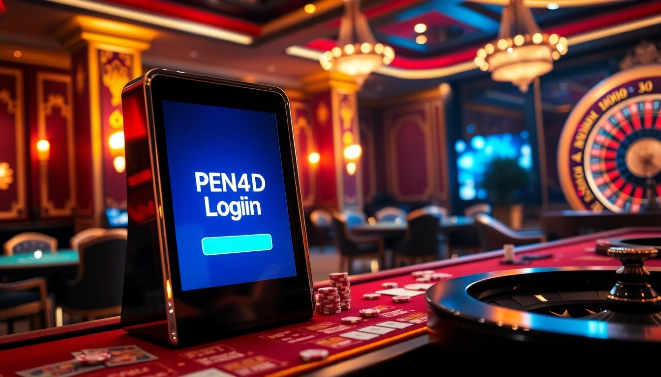 PEN4D login displayed on a vibrant slot machine, set in a luxurious casino environment filled with chips and betting tables.