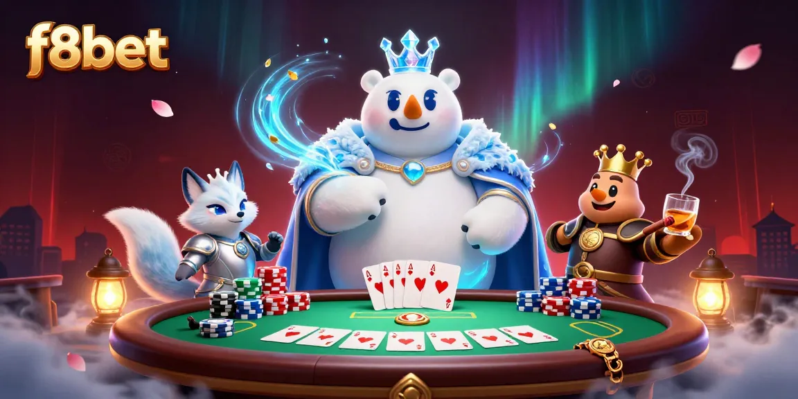 f8bet players betting at a poker table with a polar bear and snow fox, vibrant animation.