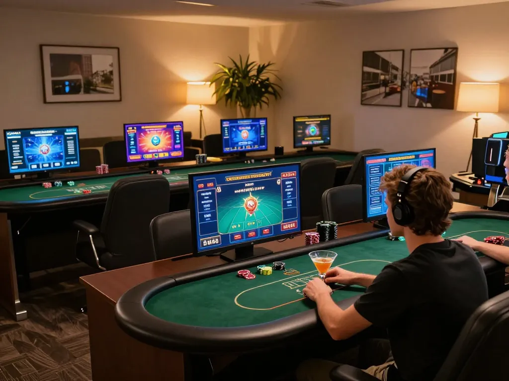 Smartcityhostels users enjoying online gaming with multiple screens showcasing poker and slots in a cozy environment.