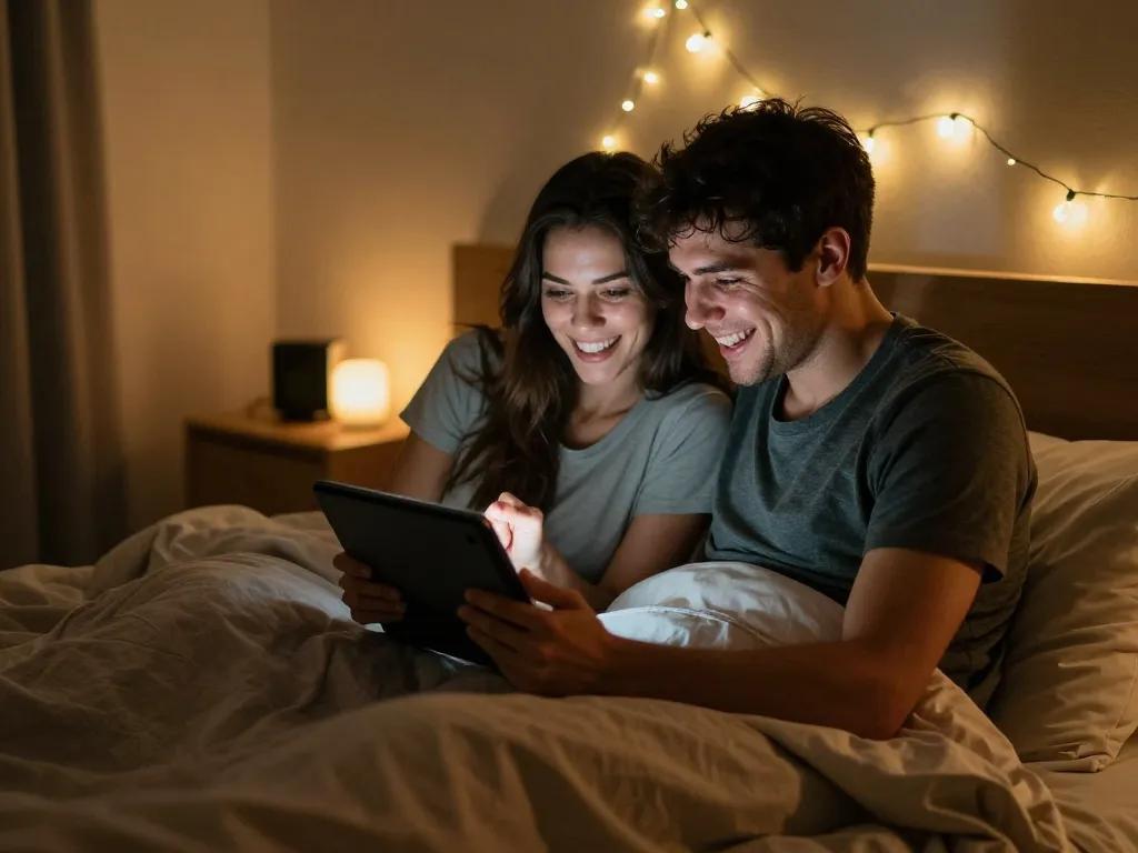 Engaged couple playing interactive sex games on a cozy bed, inviting atmosphere.